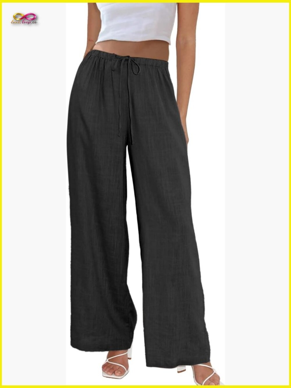 Cotton Linen Palazzo Pants Drawstring Elastic Waist Wide Leg Trousers Pockets